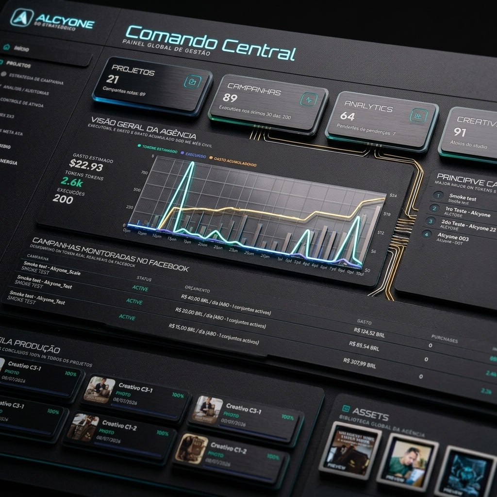 Dashboard de Alcyone con comando central, campañas, analytics y biblioteca de assets
